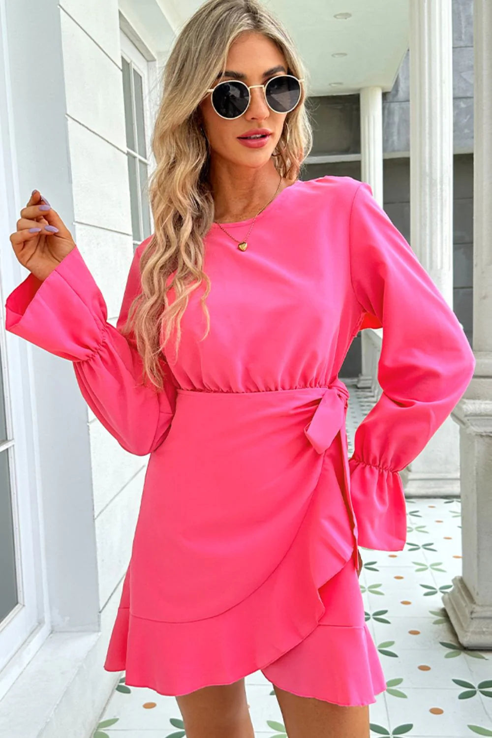 Shiny round Neck Flounce Sleeve Ruffle Hem Mini Dress