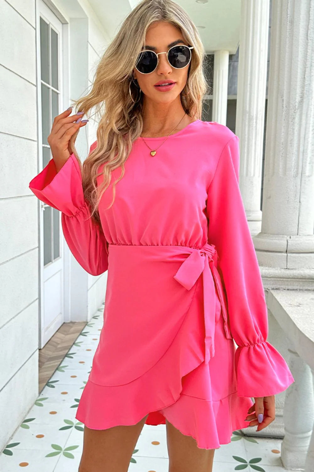 Shiny round Neck Flounce Sleeve Ruffle Hem Mini Dress