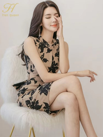 Summer Bow Backless Sexy Dresses Women Print Sheath Pencil Dress Fashion Slim Party Sleeveless Bodycon Dresses